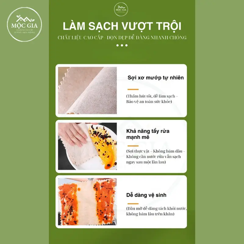 [Hàng Chính Hãng] Khăn Lau Xơ Mướp Cao Cấp Mộc Gia Phiên bản Nâng Cấp Dày 2mm- Khăn Đa Năng, Siêu Thấm Hút, Không Dính Dầu, Giặt sạch dễ dàng - Tái Sử Dụng nhiều lần mướp khan lautachdau 7