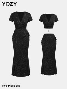 YOZY Women's Glitter V Neck Tee & Mermaid Skirt Two-piece Set, Elegant Fashion Casual Short Sleeve Top & Long Skirt for Daily Outdoor Wear, Ladies Clothes for All Seasons