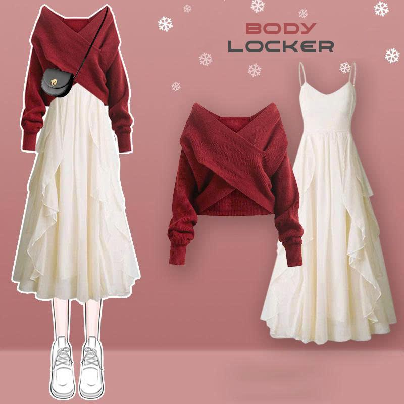 Set Áo Len Trễ Vai Vạt Chéo Nữ Dài Tay Kết Hợp Với Đầm Maxi Hai Dây Voan Tơ Ba Lớp Bồng Bềnh Xòe Nhiều Tầng Tiểu Thư