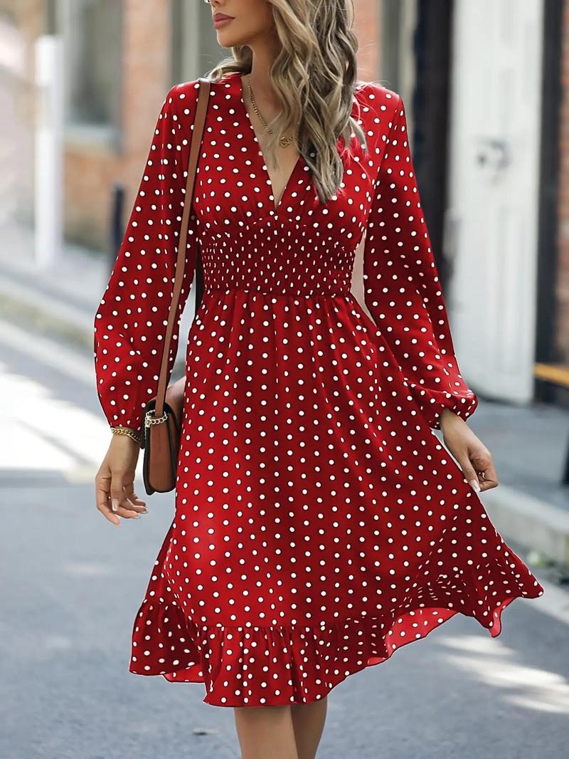 Product Introduction of Women's Polka Dot Print Ruffle Hem A Line Dress, Casual V Neck Bishop Sleeve Knee Length Dress for Summer, Fashion Women's Dresses for Daily Wear 7