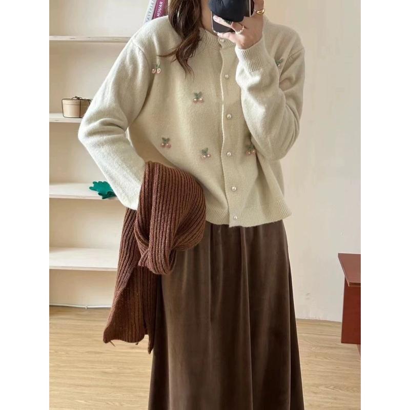 Áo Khoác Len Dệt Kim, Áo Cadigan Len Lông Thỏ Chất Mềm Cổ Tron Dáng Rộng Phối Hoa Đính Phong Cách Dễ Thương Top Women Nữ
