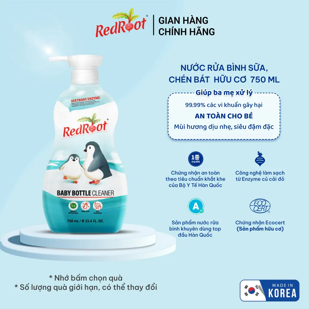 Nước Rửa Bình Sữa Hữu Cơ Redroot, Chai Lớn 750ml Siêu Đậm Đặc Chính Hãng Hàn Quốc