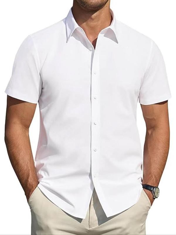 Men's Regular Fit Solid Short Sleeve Shirt, Casual Button Down Collared Top for Summer, Fashion Men's Clothes for Daily Wear 3