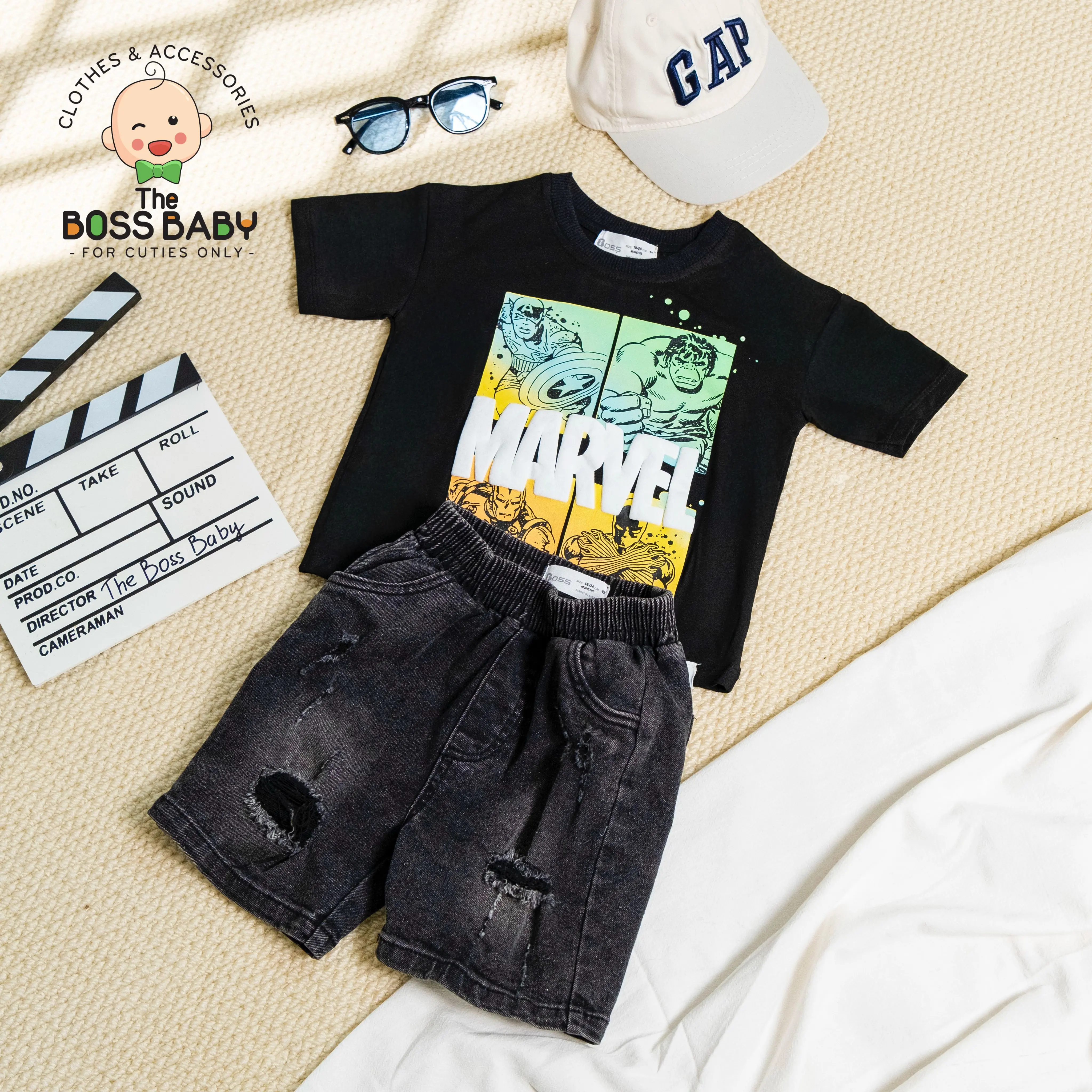 Set bộ jean đen rách siêu nhân mar.vel (9-35kg) - SH24370 - ThebossbabyVN - Vải Cottn Xược Quần Jean Rách