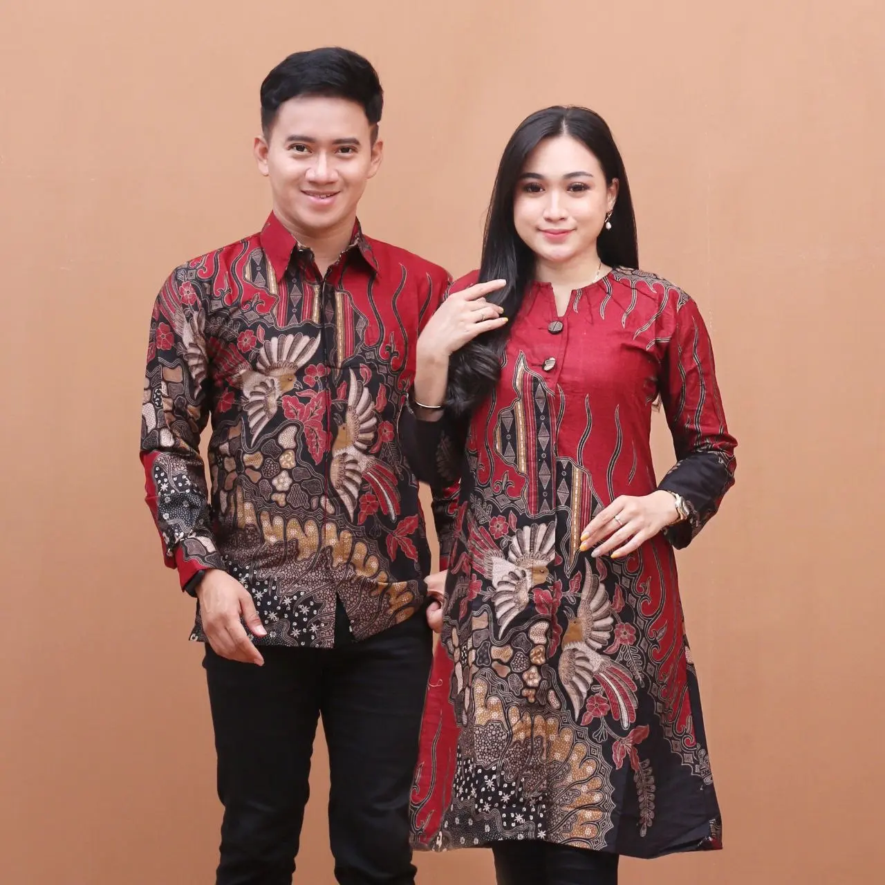 Atasan Dress Batik Tunik Couple Kemeja Batik Pria - Motif Manuk Tarung Marun Baju Katun Kain Seragam Panjang Pasangan Tunik Jumbo