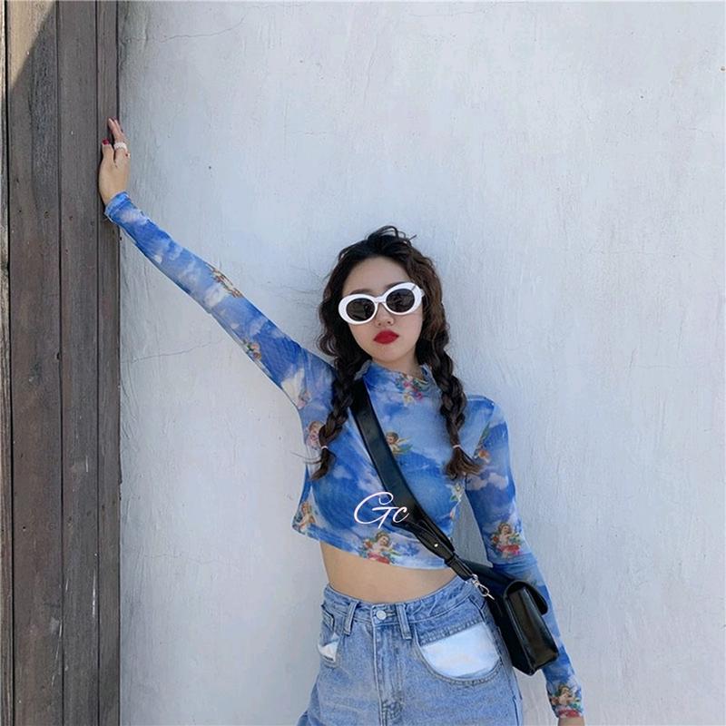 Blue n Black Angel Transparent Crop Top Turtle Neck Long Sleeve Atasan Cupid Transparan Biru dan Hitam Lengan Panjang 1