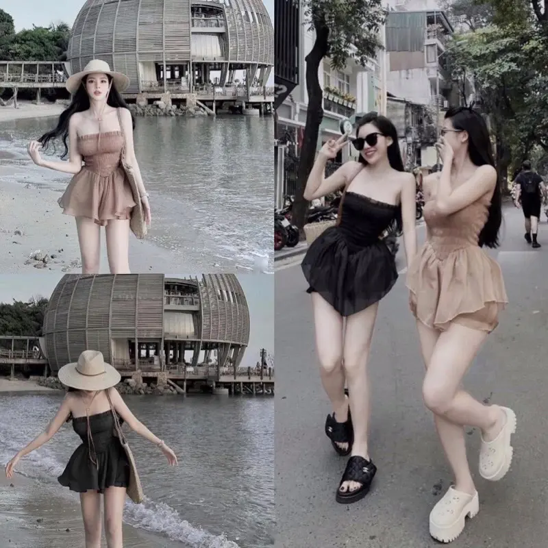 ￼[ ẢNH THẬT] Sét tơ quây chun + quần sooc trơn ống bí hot hit