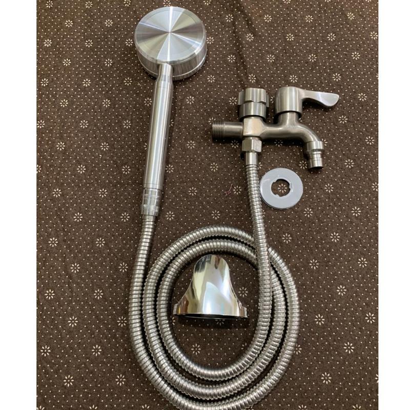 Vòi nước đôi cho máy giặt Bộ củ sen tắm lạnh inox kết hợp bát sen tăng áp inox SL02-VHS06 kèm dây và đế cài