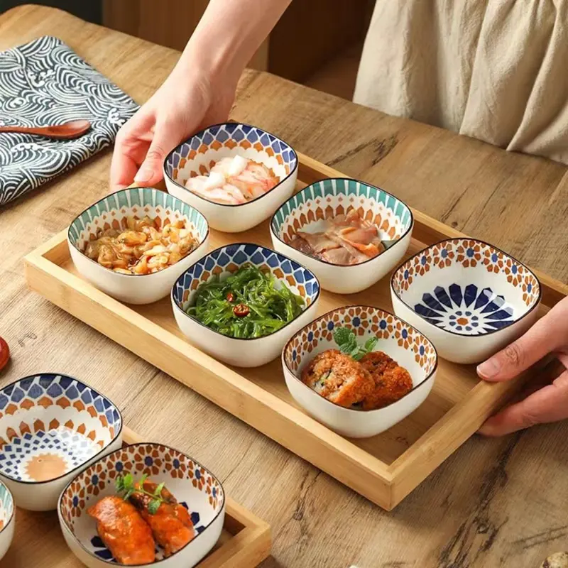 Ceramic Dipping Bowl Set, 3/6 Counts Creative Boho Style Sauce Bowl with Wooden Tray, Kitchen Tableware for Home Dining Room Picnic 2