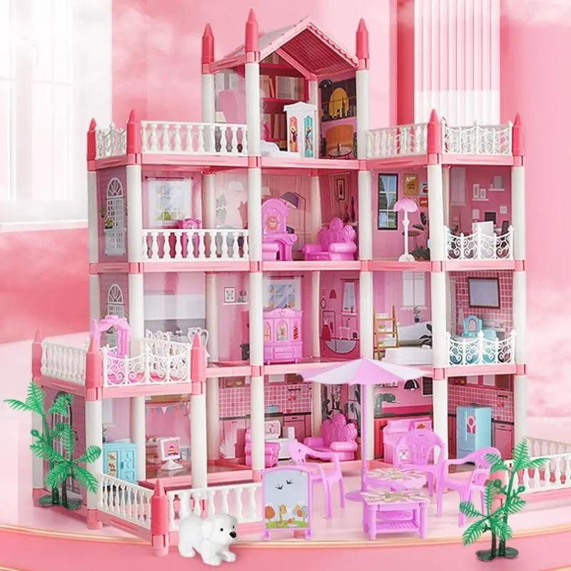 DIY Doll House Building Toys, 1 Set Pink Dollhouse with 11 Rooms & Furniture Accessories, DIY Pretend Play Toys For Kids, Stocking Fillers Gift 0