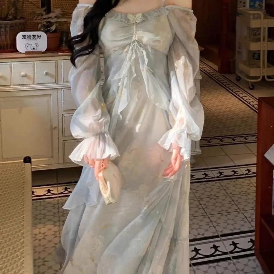 Summer Floral High Quality Fairy Dress Formal Long Dress Gown HT  French-style princess dress ombre fairy dress elf dress butterfly ruffled  long-sleeved dress ball gown with elegant temperament
