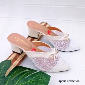 sandal heels wanita brukat pesta hak tahu 5cm terbaru kekinian/sendal kondangan wanita viral/sendal bustong brukat pesta  perempuan bisa cod bayar di tempat/mules wanita terbaru Musim panas Pointed Toe Shoes Karet