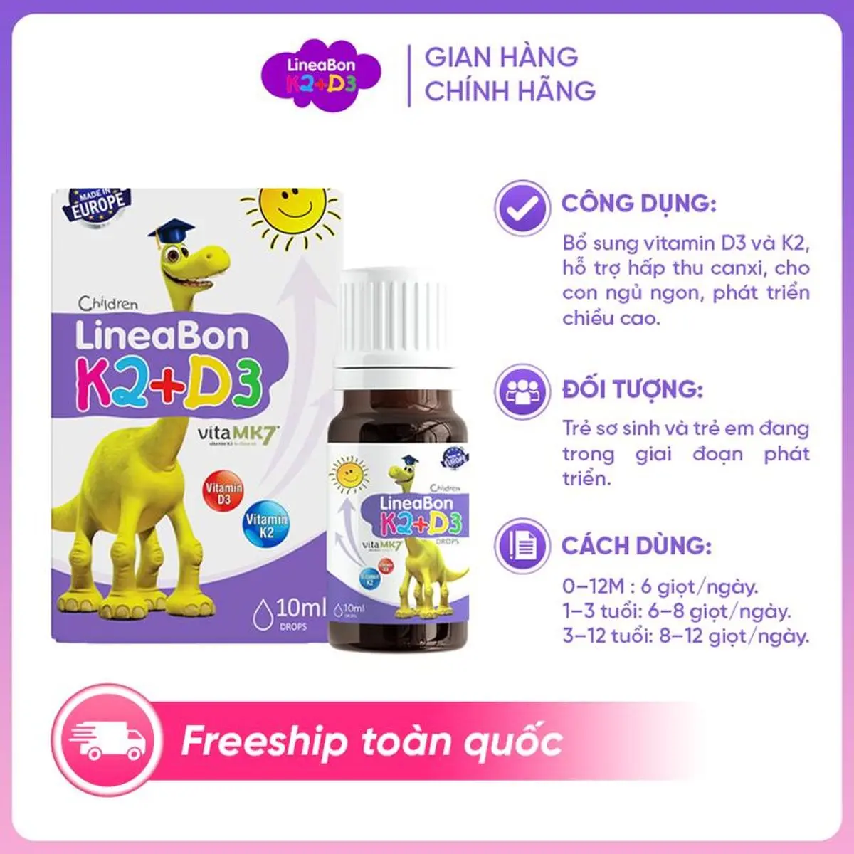 LineaBon Vitamin D3 K2 tinh khiết - Hỗ trợ hấp thu canxi, cho con ngủ ngon, phát triển chiều cao [Hộp 10ml] Cho Bé