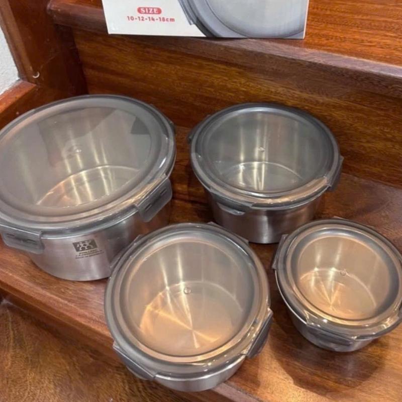 Bộ 4 Hộp Đựng Thức Ăn Inox 304 Có Nắp Đậy - Kích Thước 10cm, 13cm, 15cm, 18cm