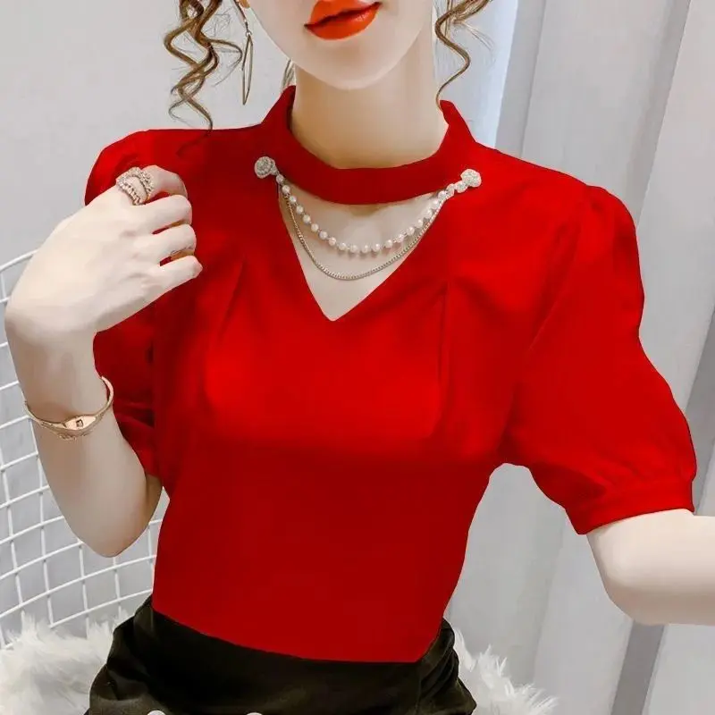 Áo Sơ Mi Voan, Ngắn Tay, Dành Cho Phụ Nữ, Dáng Rộng Vừa Vặn, Cổ Yếm Dây Chuyền Ngọc Trai, Màu Trơn Phong Cách Phương Tây Mới, Áo Ngoại Cỡ, Thích Hợp Cho Mùa Hè 8