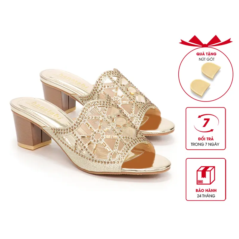 Dép Nữ Cao Gót Vân Gỗ Cao 5cm Hanatabi Quai Lưới Đính Đá Đế TA Cao Cấp Bigsize (35-41) Mã HNDE5F796