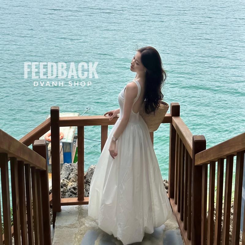 SHEEI - Váy thiết kế xoè bí hở lưng, áo 2 lớp phối trắng/đen cực tôn dáng bồng Nữ Màu Trắng Women Voi 2