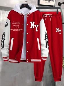 メンズ野球ジャケットセット 2点セット 空港コーデ フィットポリ素材 秋冬 カラーブロックデザイン TikTokShopBlackFriday TikTokShopCyberMonday