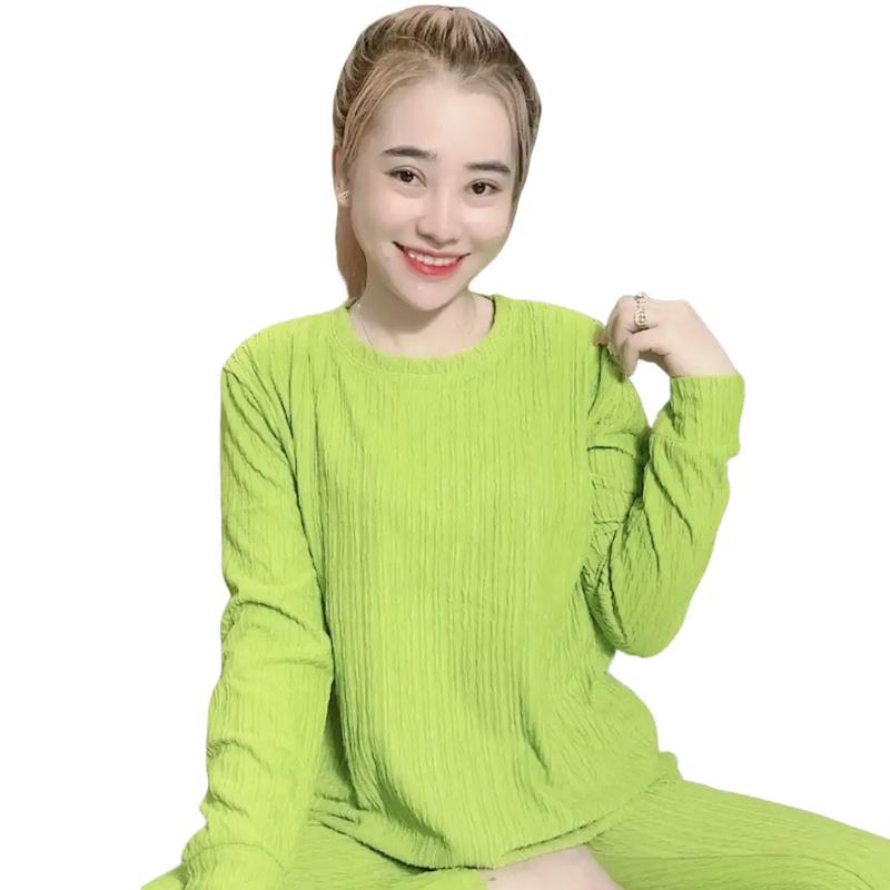 Sét Bộ Ủ Kem Thun Xốp Nhật Tay dài Quần Quần Có Túi Cổ Tròn Áo From Rộng(Free Size 38-57kg )Tay dài Trơn Có thể giặt bằng máy Nữ Women Top Thun Áo Dài Tay Bơ Quần Voi ống + cv xếp ly đen đễ thương Ong đồ  bộ