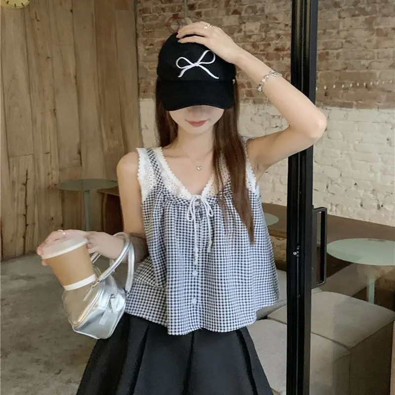 Áo Yếm Kẻ Sọc, Nhỏ Và Dễ Phối Đồ, Phong Cách Duyên Dáng, Khâu Ren, Không Tay, Áo Dáng Rộng, Hàng Mới Về Mùa Hè Cho Nữ 3