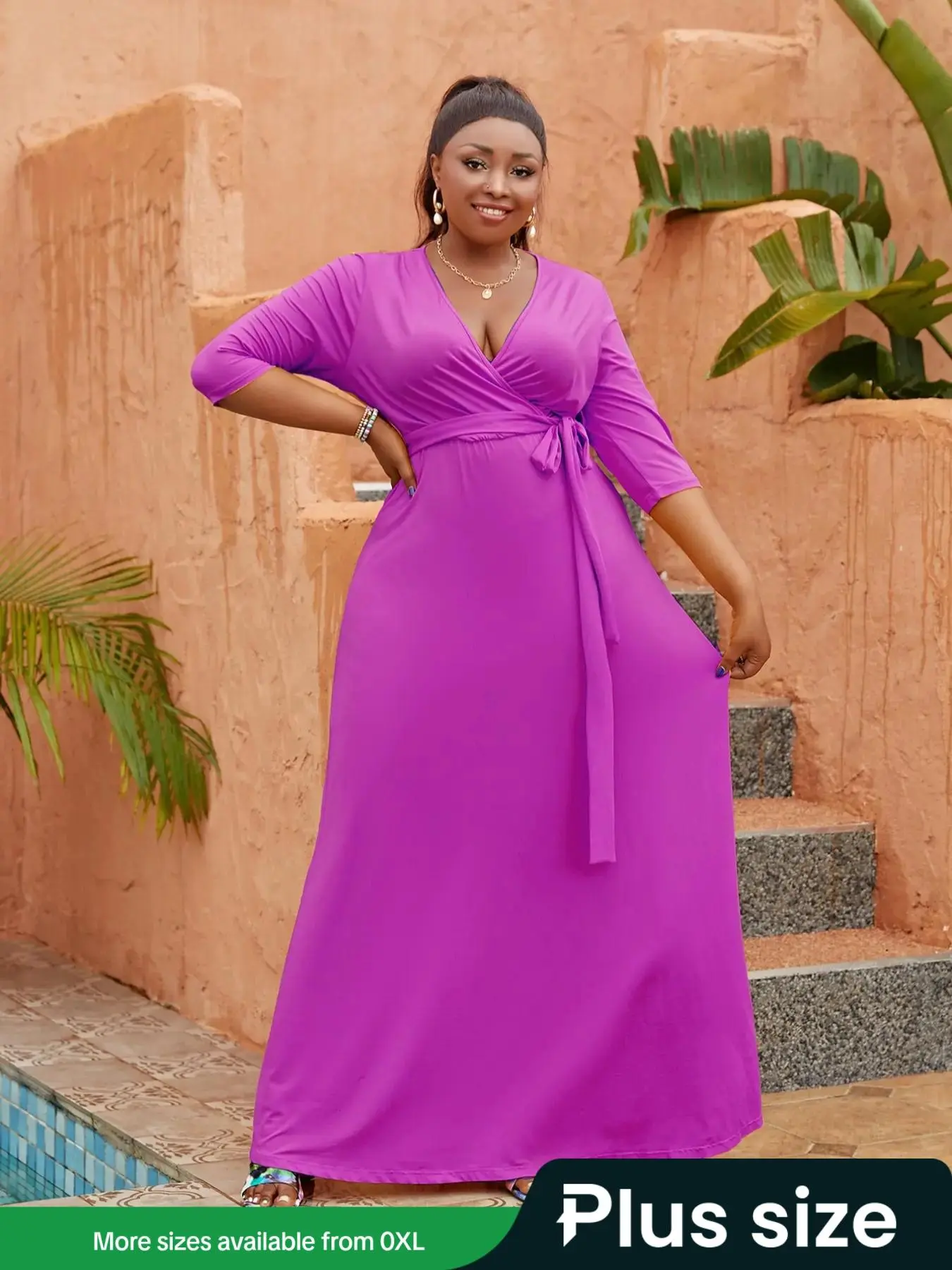 【Plus Size】Solid Color Belted V Neck Dress, Casual Fashion Dress for Daily Outdoor Wear, Women Plus Clothing for Summer
