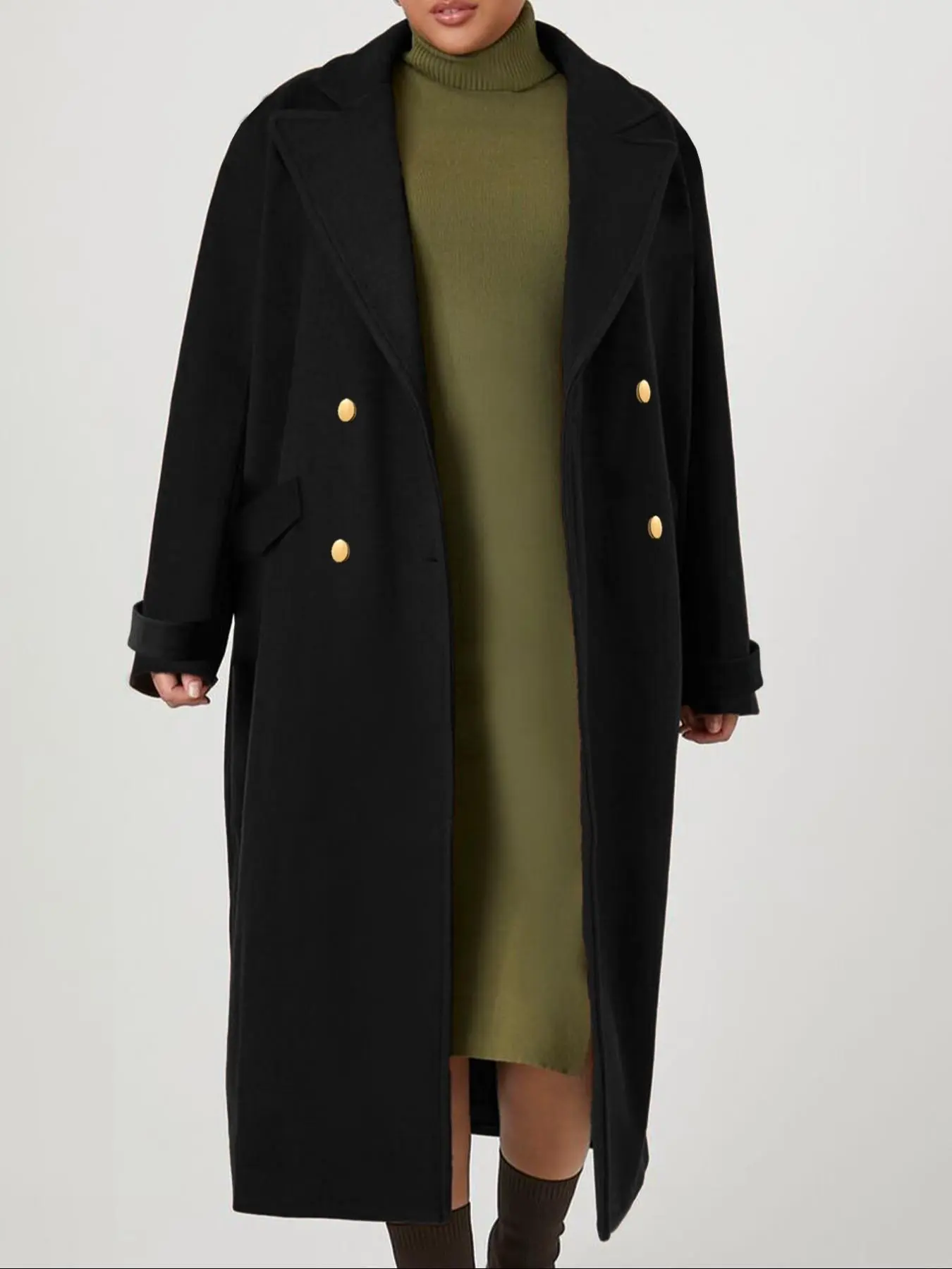 Plus Size Solid Double Button Lapel Long Coat, Casual Long Sleeve Outerwear for Fall & Winter, Women's Clothes for Daily Wear