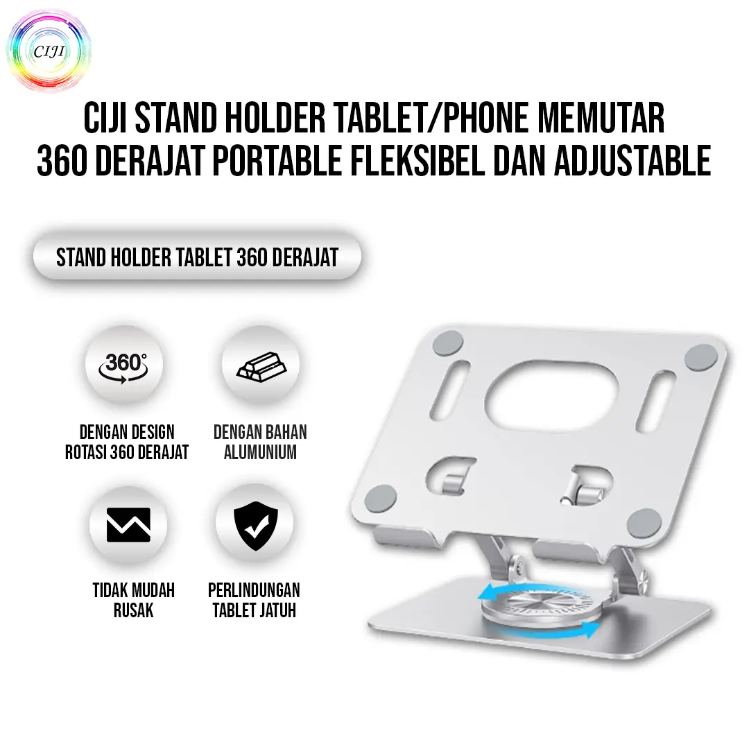 CJPH-SSH CJPH-D07G STAND HOLDER tabLET/PHONE MEMUTAR 360 DERAJAT PORtabLE FLEKSIBEL DAN ADJUStabLE 5,8-12,9 INCH gray metal silver  aluminium Grey