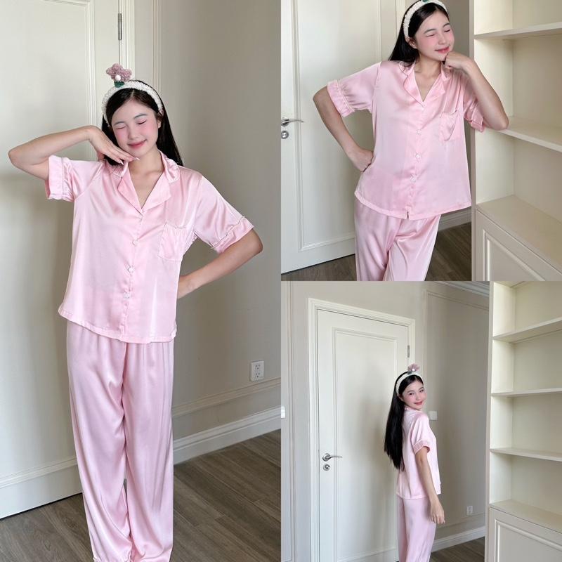 Maisleepwear Bộ Pijama Tay Ngắn Quần Dài Phối Viền Ngọc Trai Lụa Mặc Nhà MS1244