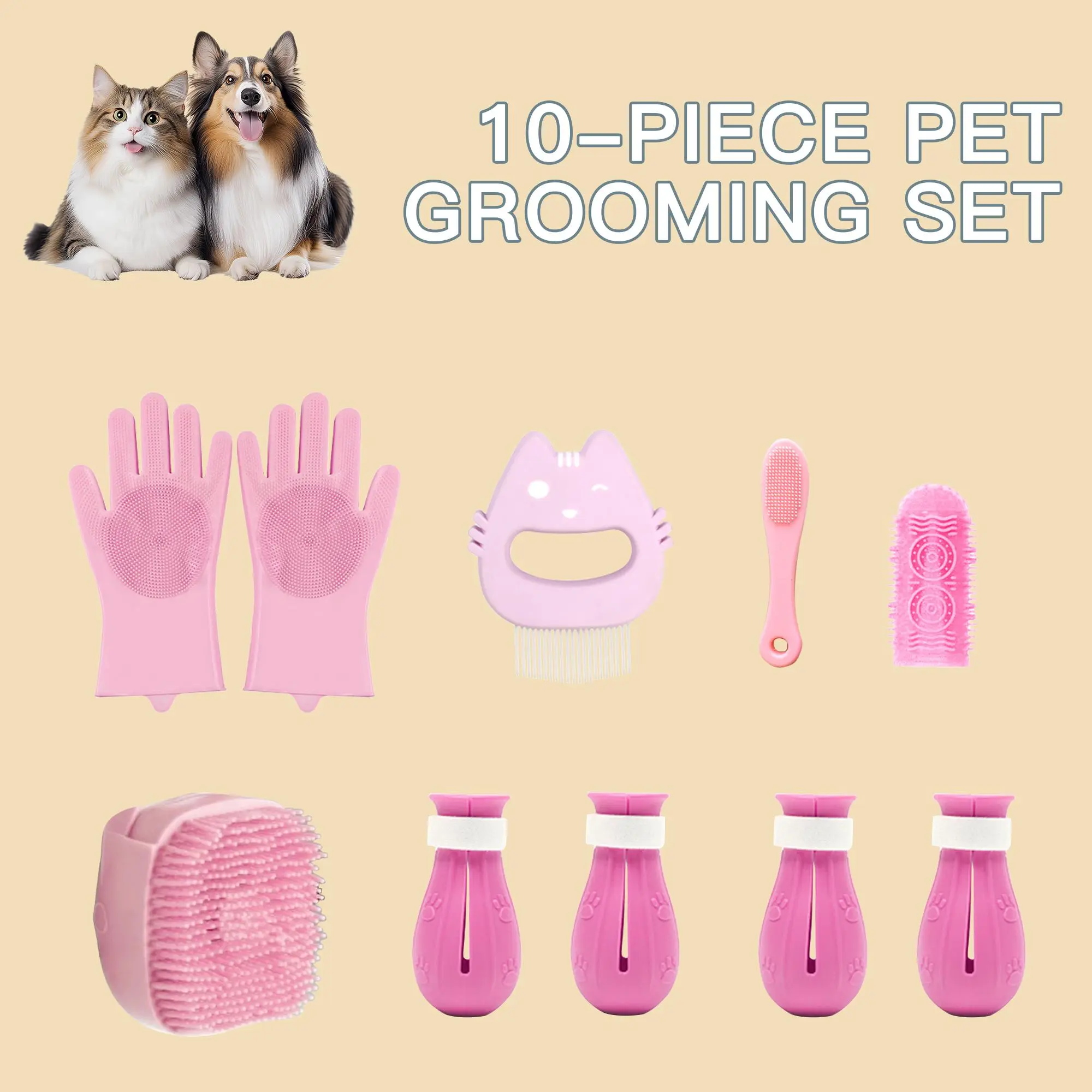 Pet Grooming Set, 10pcs/set Soft Curved Needles Massage Brush & Cleaning Brush & Cat Foot Covers & Rubber Gloves & Toothbrush, Professional Grooming Tools
