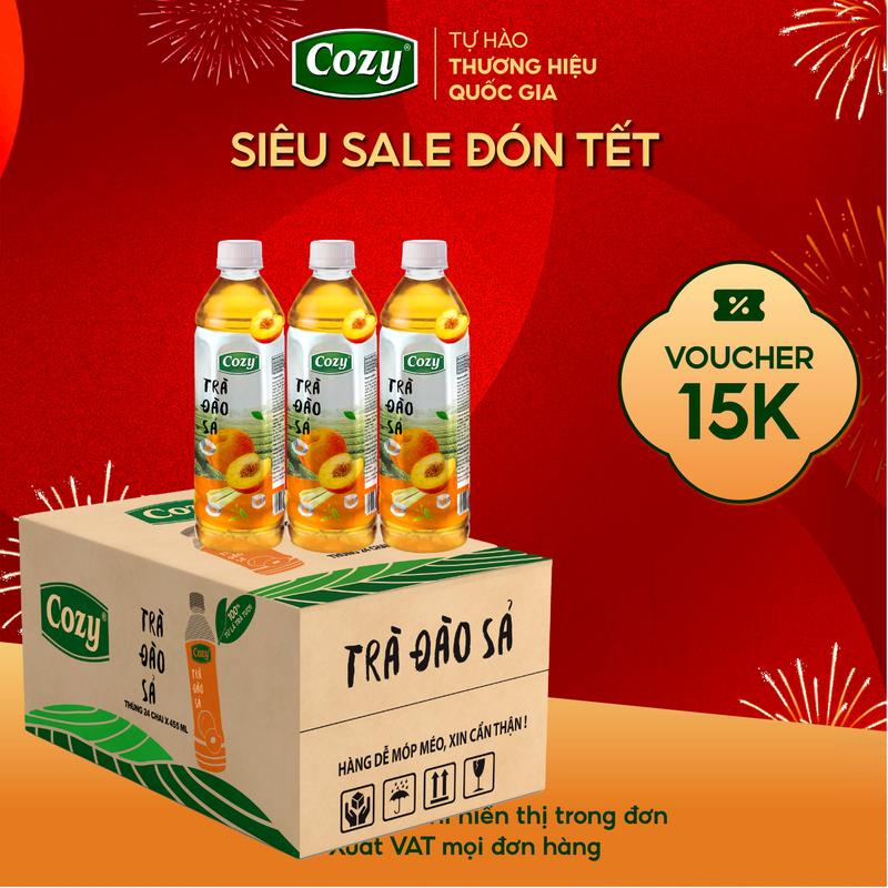   Voucher 15k - Lộc Đón Xuân  Thùng 24 chai 350ml Trà hoa quả uống liền Cozy mix 4 vị Đào Tắc Mật Ong Olong Vải 