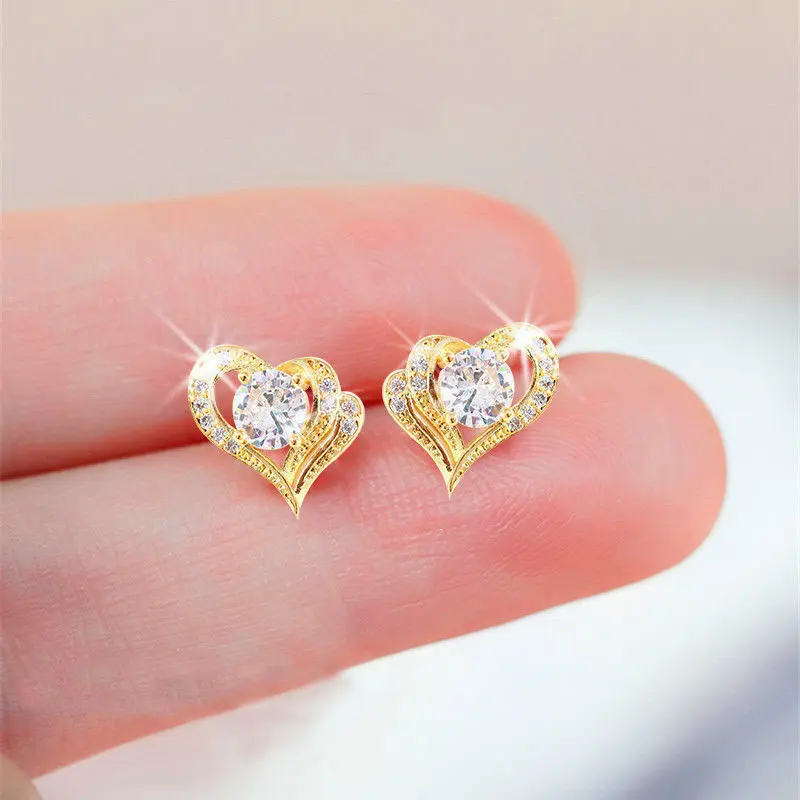 Hoa Tai Trái Tim, 2 Màu Vàng Và Bạc, Thiết Kế Đơn Giản, Cá Tính, Với Kim Cương, Đồ Trang Sức 0