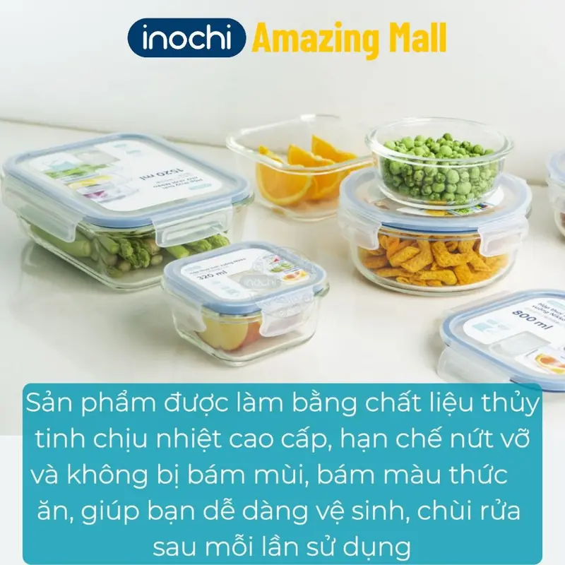 Hộp thủy tinh chịu nhiệt Nikko Inochi nắp trắng có lổ thoát hơi khóa 4 chấu chắc chắn Inochi Amazing Mall 1