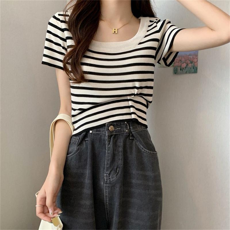COD- Atasan Wanita Rajut Salur (A315) / Atasan Wanita Crop Top Lengan Pendek Korean lucu 0