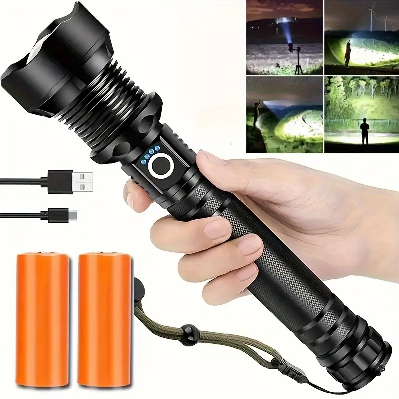 Ultra-bright LED Aluminum Alloy Camping Flashlight USB Rechargeable 3 Lighting Modes Zoom Torch for Outdoor Fishing Hiking