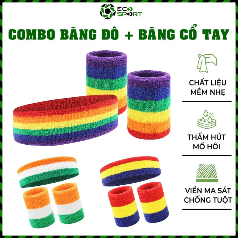 COMBO Băng Đô + Băng Đeo Cổ Tay Thể Thao Thấm Chặn Mồ Hôi Nam Nữ Chơi Bóng Rổ Đá Banh Tennis Cầu Lông Chạy Bộ ECO SPORT 0