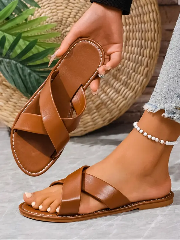 Women's Fashionable Plain Color Slides, Casual Comfortable Crossed Strap Slides for Summer, Lightweight Breathable Slides for Beach Vacation, Walking Shoes 0