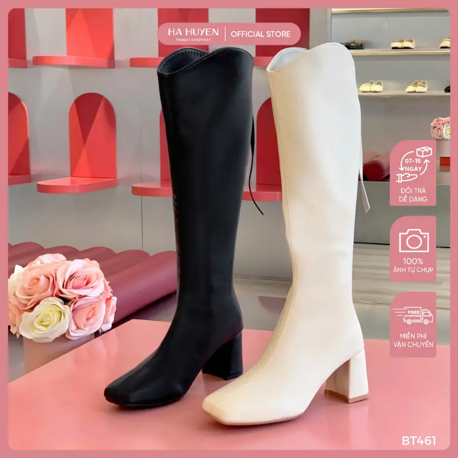 Giày boot nữ, boot đùi HÀ HUYỀN mũi tròn khóa kéo gót vuông 5cm trẻ trung - BT461