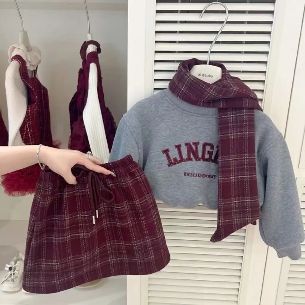 Bộ Đồ Hai Mảnh Cho Bé Gái, Áo Len Năm Mới Trung Quốc Mùa Đông, Váy Kẻ Sọc, Lót Lông Cừu, Ankela, Bộ Đồ Màu Đỏ, Hợp Xu hướng