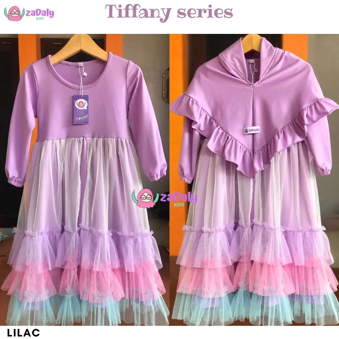 Tiffany series set gamis anak rainbow by ZaDaly Kids baju muslim Panjang Tile Jilbab Lebaran Dress regular fit 55l lily green Kerudung Mewah