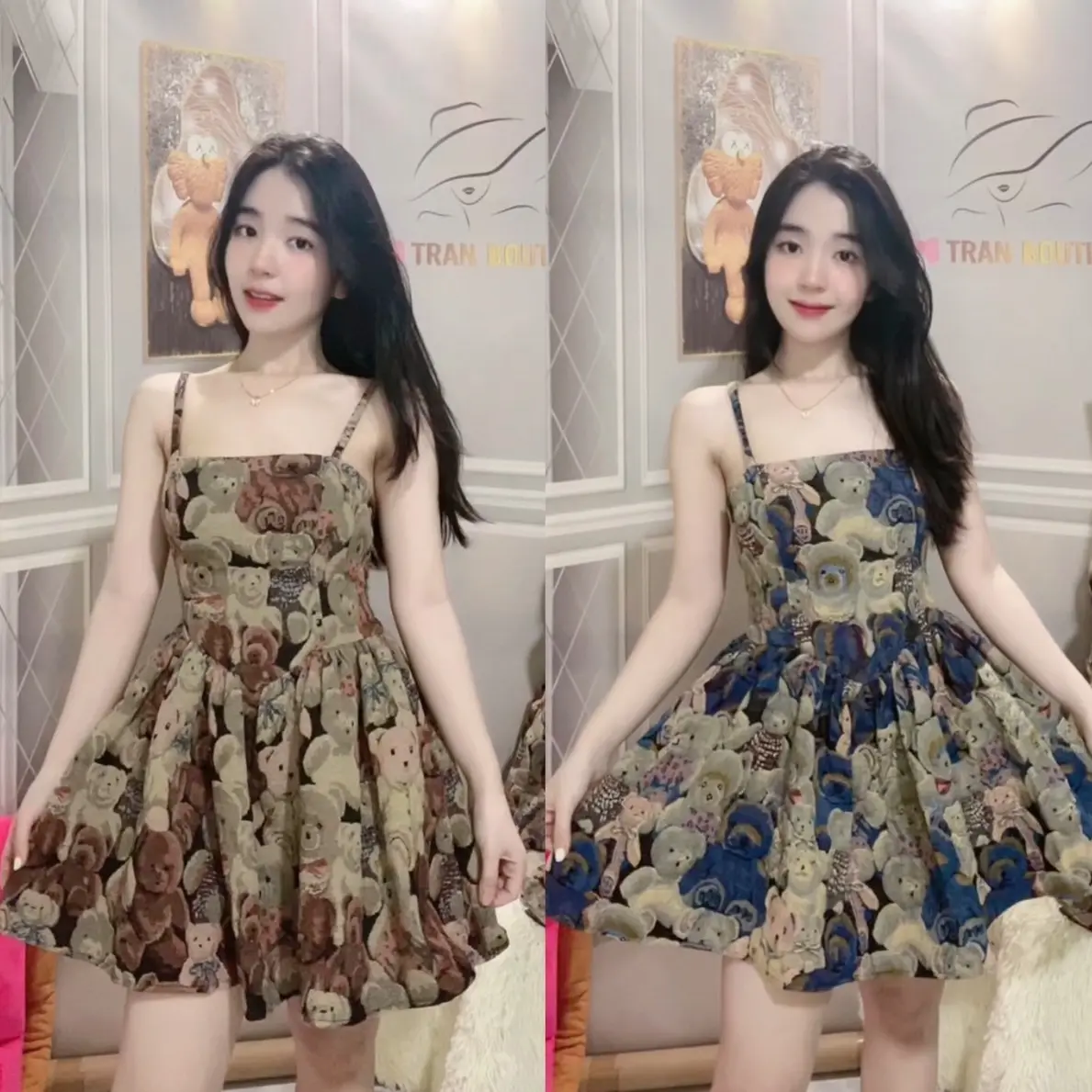 Đầm 2 dây hoạ tiết gấu kèm quần (Women)