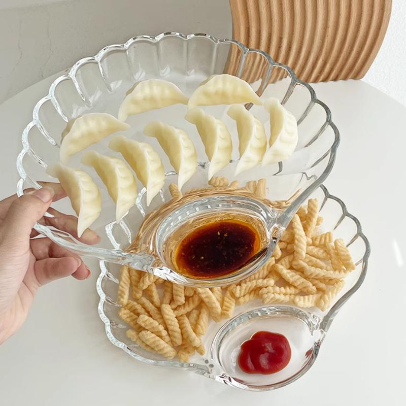 Đĩa thủy tinh đựng thức ăn hình vỏ sò có ngăn đựng nước chấm tiện lợi, Khay đựng thức ăn thủy tinh dày dặn, cao cấp