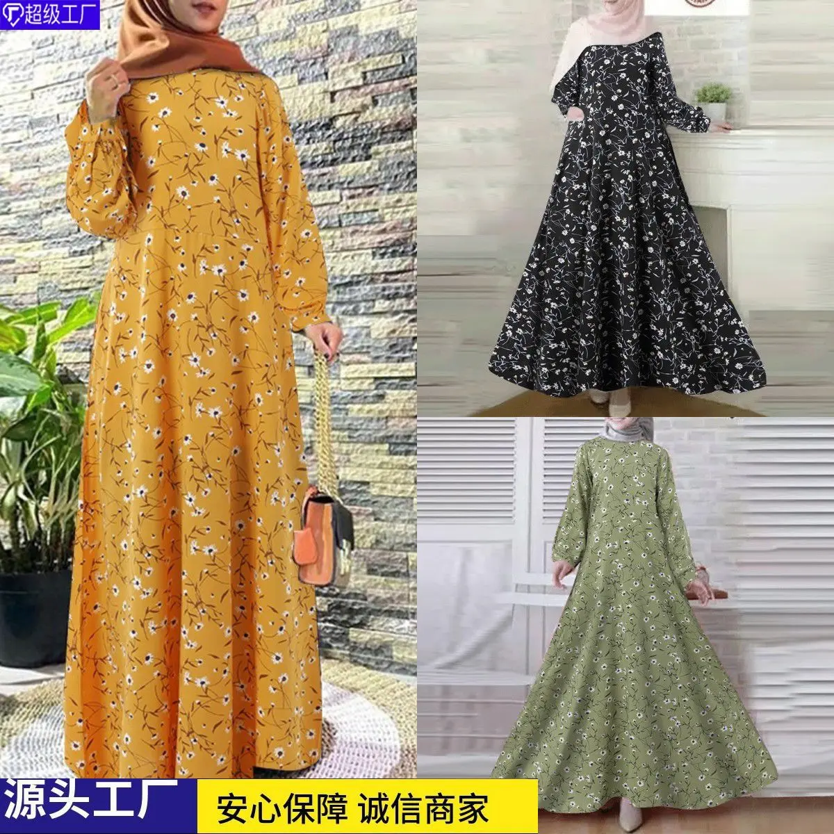 2024 Large Size Women's Robe Retro Dress Printed Long Sleeve Loose Long Dress Large Size Women's Clothing
