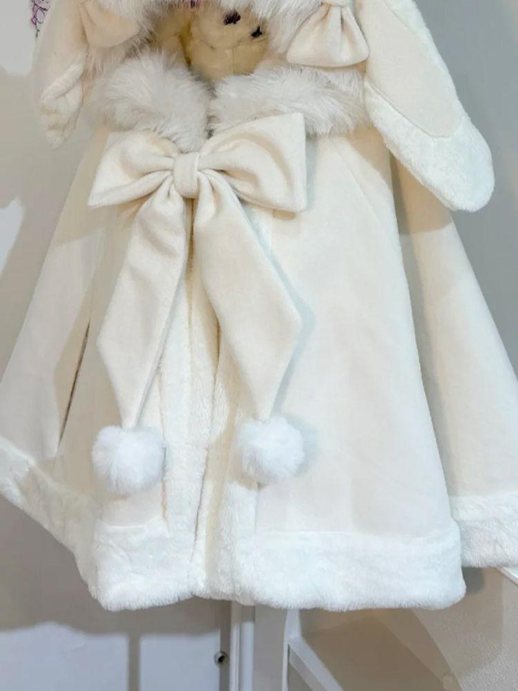 Product Introduction of 2024 Autumn and Winter New Sweet Cute Rabbit Ears Woolen Cloak Loose Youthful-Looking Bow Hooded Chic Coat 10
