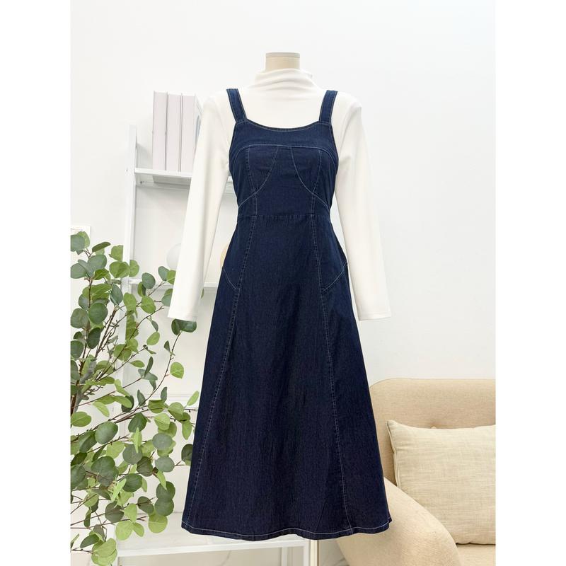 Váy jeans 2 dây 29feb.closet yếm bò thiết kế lưng chun dáng xòe dài phong cách Hàn Quốc dễ phối đồ năng động - V31 Nữ Women 8
