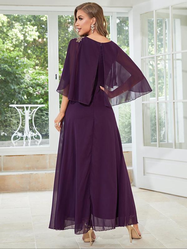 Women's Plain Cloak Sleeve Chiffon Evening Dress, Dresses Summer, Elegant Round Neck Half Sleeve Dress for Prom Wedding Guest, Ladies Summer Clothes 3
