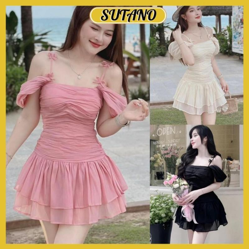 [TẶNG KÈM QUẦN] váy tơ nhún hai dây tiểu thư đầm nơ trễ vai bánh bèo nhẹ nhàng nữ tính có mút ᵰgực V530 SUTANO