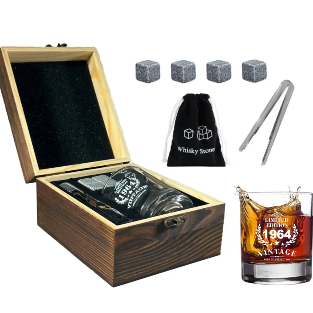Wooden Whiskey Set, 1 Set Whiskey Glasses & Stone & Tongs & Gift Bag, Creative Gift for Men, Husband, Father, Brother, Friend, Mother's Day Gift for Mom