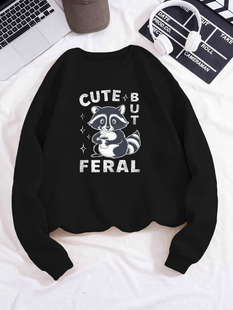 Product Introduction of Women's Coffee Cute But Feral Raccoon Graphic Print Crew Neck Sweatshirt, Casual Drop Shoulder Long Sleeve Pullover, Women's Fall & Winter Clothes 3