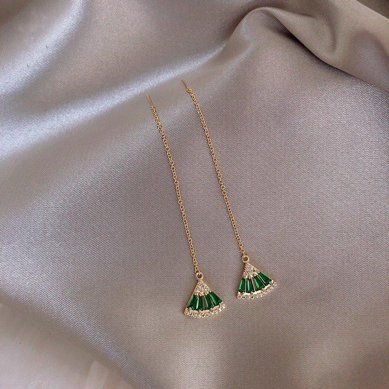 Product Introduction of Sterling Silver Needle Emerald Fan-Shaped Hanging Earrings Women's Asymmetric Earrings Temperament Korean Earrings Micro-Inlaid Craft Palace Style 1