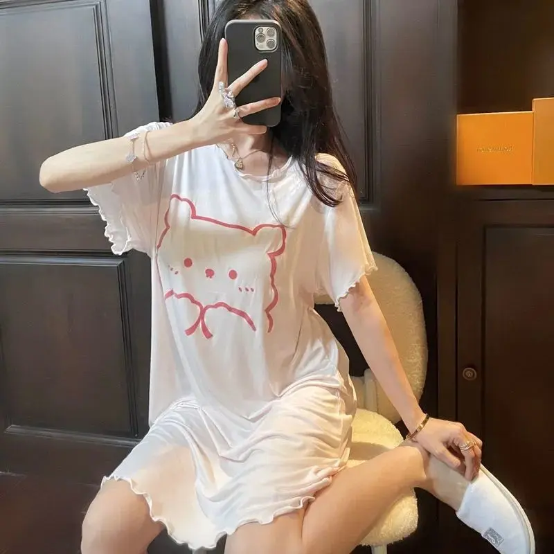 Đồ Ngủ Mùa Hè Cho Nữ, Váy Ngủ Hoạt Hình Nhật Bản, Gấu, Mềm Mại Và Mỏng, Dáng Rộng, Ngắn Tay, Nhỏ, Ngọt Ngào, Ngoại Cỡ Women Đầm Ngủ Dress